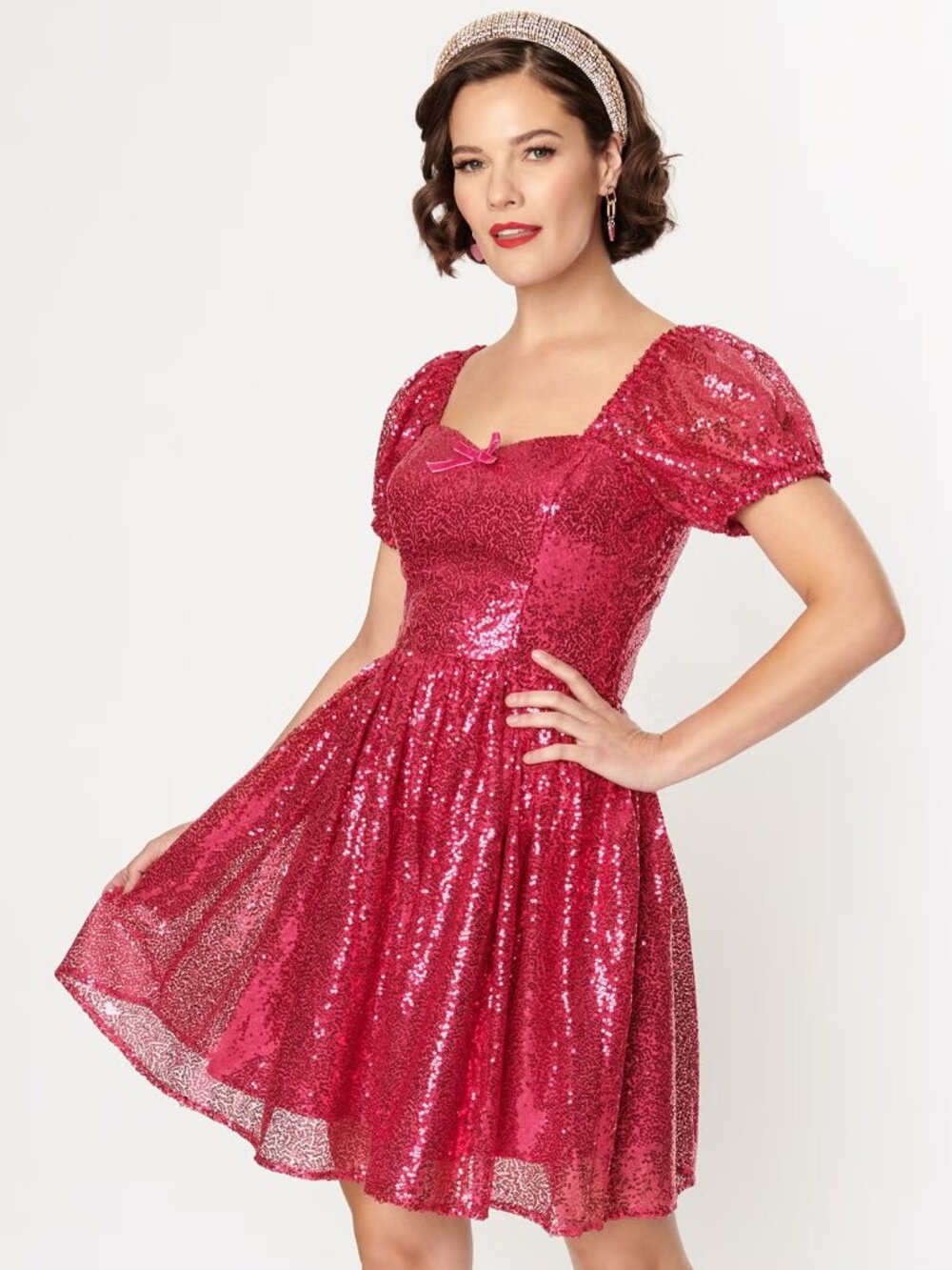 Unique Vintage Hot Pink Sequin Sweetheart Fit & Flare Mini Dress size 14/XL